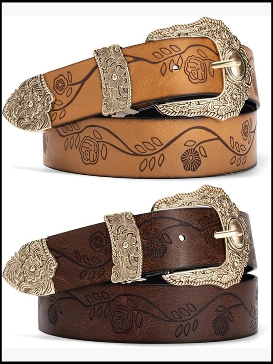 Western Belt Set Engraved Buckle Cowgirl Style Adjustable PU Leather Accessories